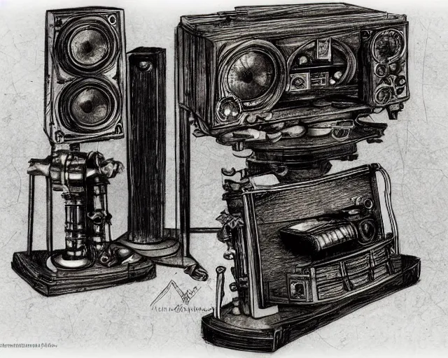 Image similar to steampunk mechanical hifi stereo system sketch by leonardo da vinci