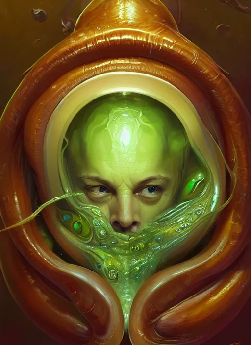 Image similar to elon musk as mollusk, slime, drool, portrait, intricate, elegant, highly detailed, digital painting, artstation, concept art, wallpaper, smooth, sharp focus, illustration, art by artgerm and greg rutkowski and alphonse mucha