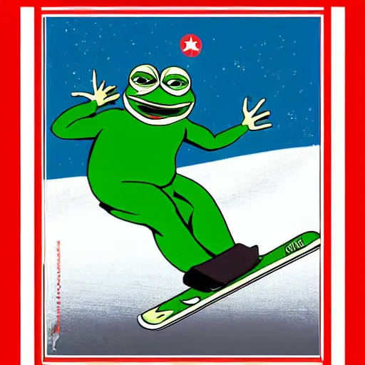 Image similar to pepe the frog jumping on a snowboard, socialist realism, north korea propaganda style
