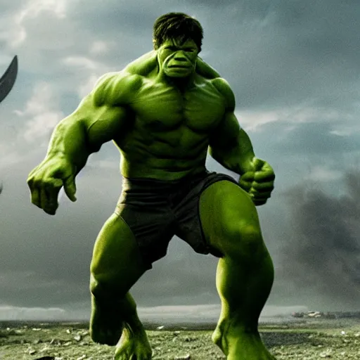Prompt: film still of Joseph Gordon Levitt as The hulk in new avengers film, 4k
