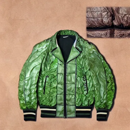 Image similar to jacket made out of cabbage, photorealistic, studio, detailed