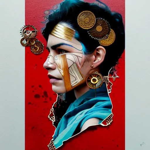 Prompt: portrait of chitral woman :: side profile :: in ocean :: clockwork details :: gold :: blood and horror :: by marvel and Sandra Chevrier