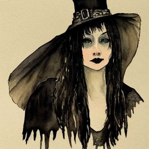 Prompt: portrait of young gothic witch, watercolor painting