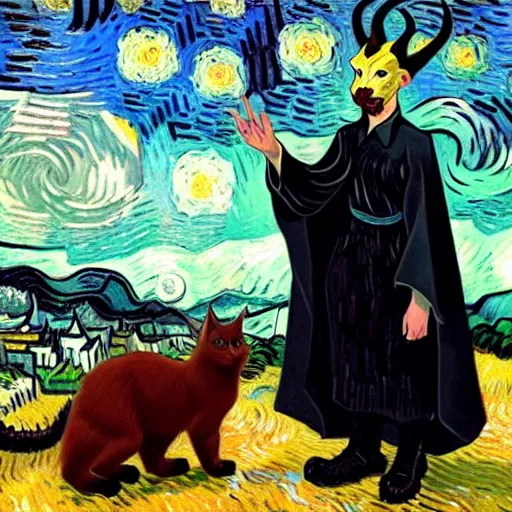 Prompt: a standing cat that has goat horns, anthropomorphic cat wearing dark robes, matte oil painting, by vincent van gogh, eldritch, magical, fog, noble, full body portrait, extremely detailed, cult, ritual, inspiring, award - winning, 4 k, 8 k