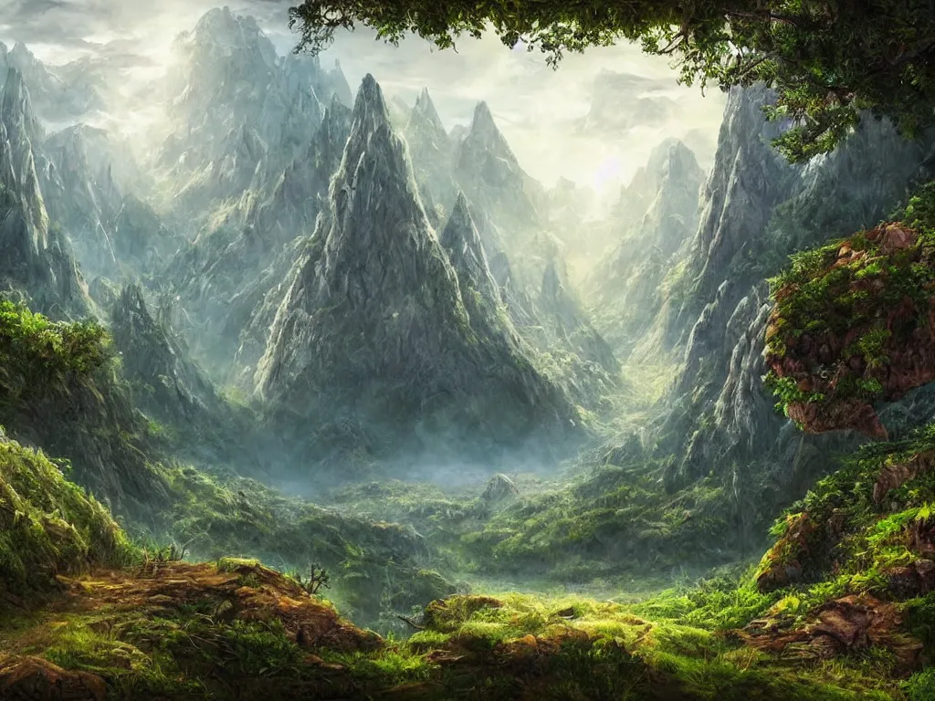 Image similar to a beautiful photorealistic picture of a valley from a fantasy world, inside which are beautiful nature, magnificent trees grow in the valley and mighty mountains in the background, highly detailed