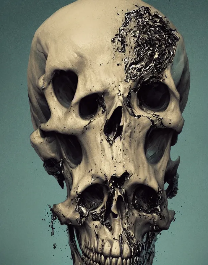 Image similar to portrait of a melting skull. intricate abstract. sharp teeth. delicate artwork. by Tooth Wu, wlop, beeple, dan mumford. octane render, trending on artstation, greg rutkowski very coherent symmetrical artwork. cinematic, hyper realism, high detail, octane render, 8k, depth of field, bokeh. chrome accents.