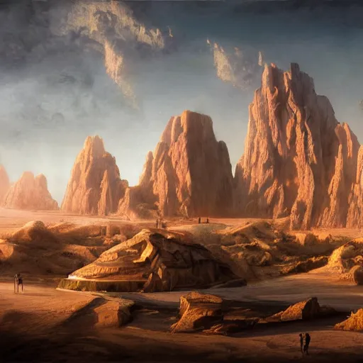 Image similar to a weird surreal and mystical city in the desert, fantasy concept art, matte painting, very detailed, trending on artstation, cinematic lighting, painted by caravaggio