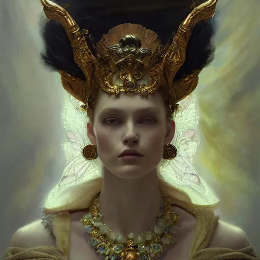 Image similar to highly detailed oil painting | very intricate | cinematic lighting | award - winning | portrait of goddess astarte dressed by alexander mcqueen | by roberto ferri, by tom bagshaw, by j. c. leyendecker and klimt, american romanticism, by austin osman spare, artstation, cgsociety, official art, octane