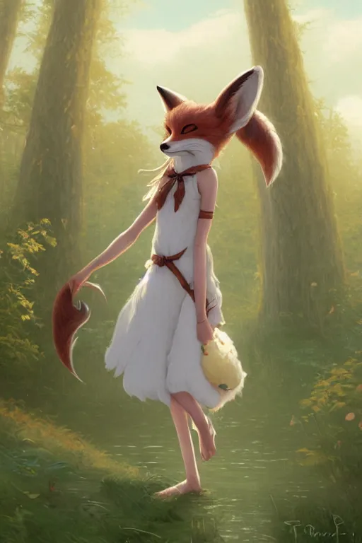 Prompt: an anthropomorphic fox girl wearing a simple sundress, she has a fluffy tail and two pointed ears, beautiful lake background, illustration by greg rutkowski, thomas kindkade, loish, artstation, furaffinity, deviantart