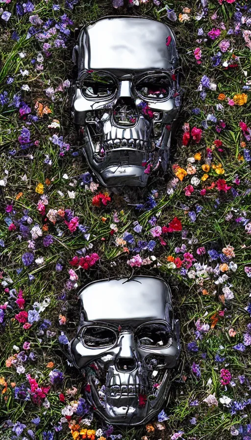 Image similar to destroyed terminator lying in a field of flowers, twisted metal, chrome, reflections, anthropomorphic, photorealism, smoke, metal, 8 k, surreal, wires, smooth, sharp focus, top view, extremely detailed, hyperrealism, elegant, establishing shot, by jeff koons, artgerm and greg rutkowski