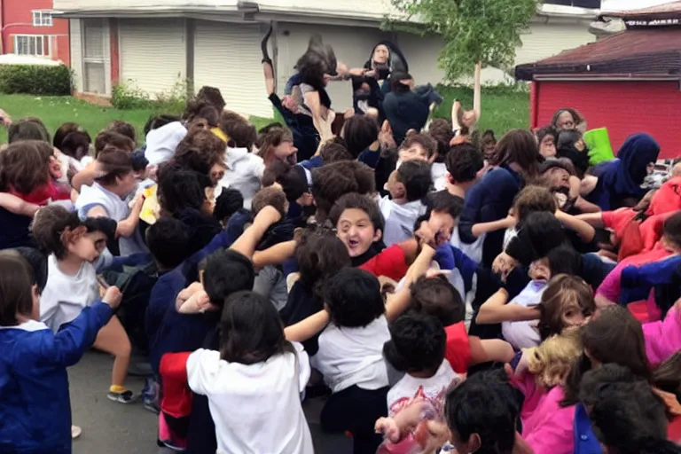 Prompt: angry mob of children violently protesting kindergarden food
