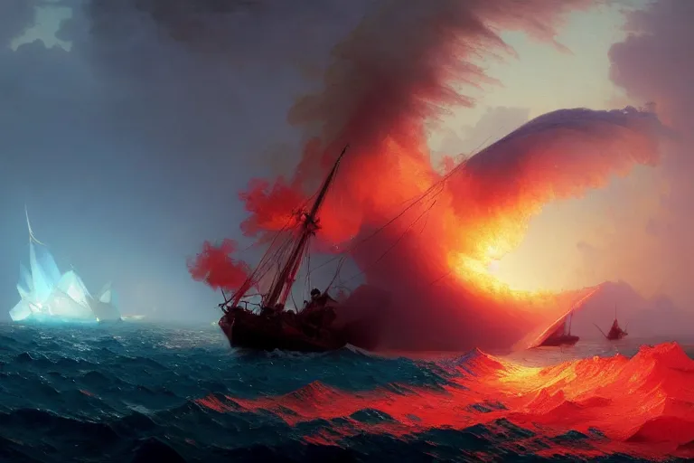 Image similar to Magical Tornado of fire and ice in the sea, destroying boats, islands, painting by Ivan Aivazovsky and Greg Rutkowski, artstation, fantasy, intricate, beautiful, cinematic, octane render, arnold render, 8k, hyper realism, detailed, sharp focus, 4k uhd, masterpiece, award winning