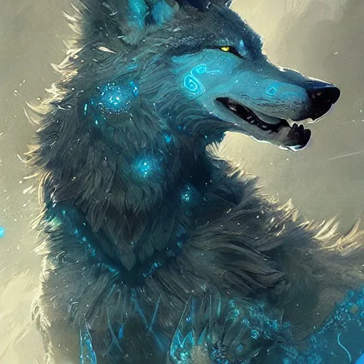 Prompt: a pack of large blue wolves with intricate glowing symbols on their fur. fantasy art cinematic. detailed masterpiece. realistic. photo realism. cgsociety. by krenz cushart. ruan jia. jarold sng.