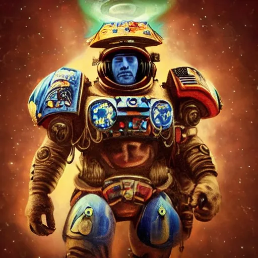 Prompt: Psychedelic hippy space marine, unreal engine, intricate details, hyperrealistic