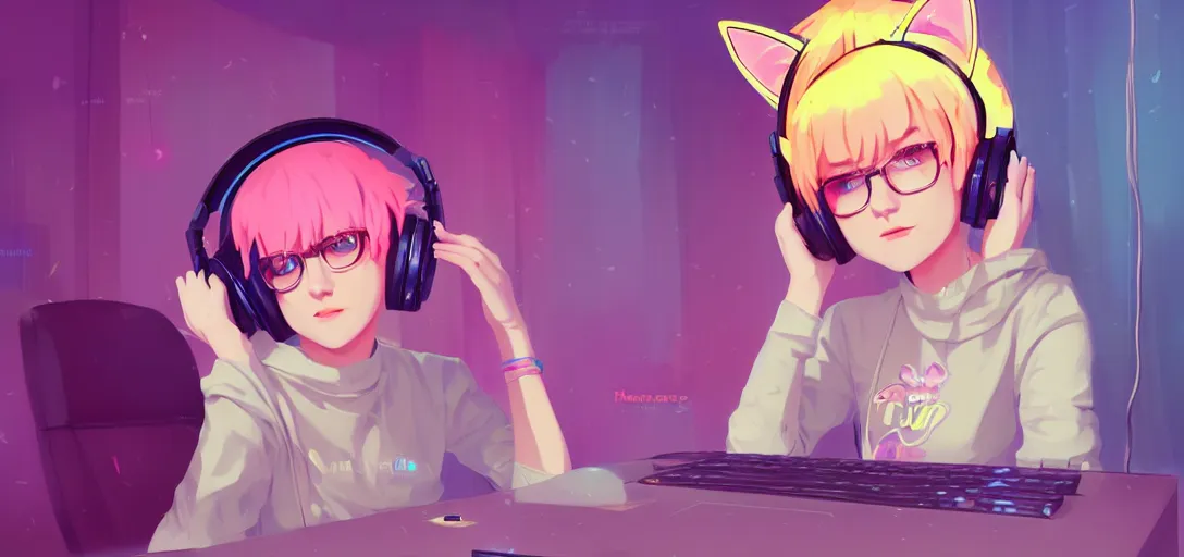 Image similar to a blond woman with cat ear headphones, sitting in front of computer, gamer, computer nerd, cute room, neon lights, gamer aesthetic, lofi vibes, strong crisp lineart and flat color, by ilya kuvshinov, krenz cushart, Greg Rutkowski, trending on artstation