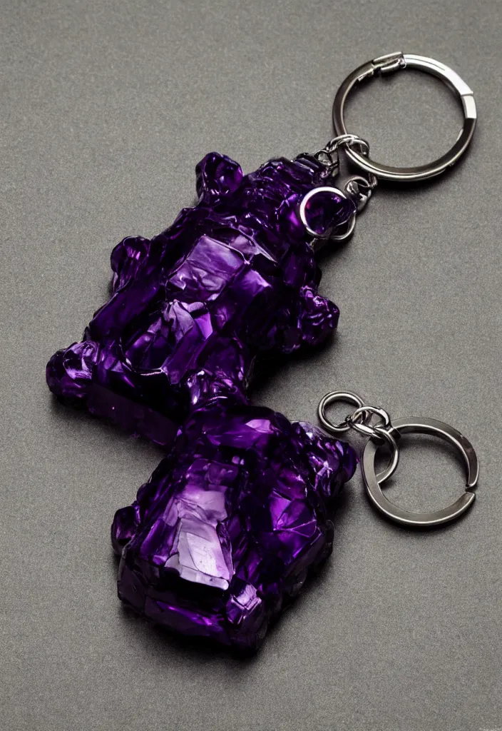 Image similar to a deep purple crystal bear keychain by greg rutkowski, sung choi, mitchell mohrhauser, maciej kuciara, johnson ting, maxim verehin, peter konig, 8 k photorealistic, cinematic lighting, hd, high details, dramatic, atmosphereric, trending on artstation