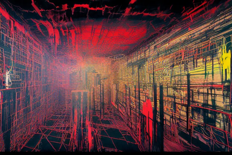 Image similar to the inside of a symmetrical hellish dungeon, multilayer glitch effect in spatial perceptron synapses, matte painting, 4 k, epic composition, volumetric light, abstract illusionism, by william stout, jean - michel basquiat, pour paint, modern street art, grunge wall, industrial