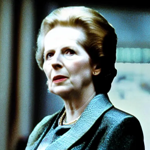 Image similar to A movie still of Margaret Thatcher in The Matrix