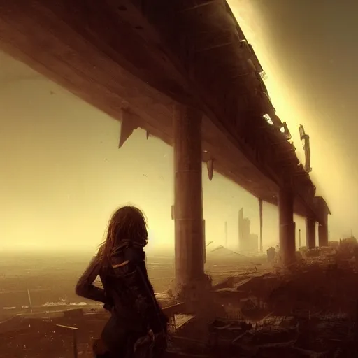 Image similar to A portrait of a suicidal girl, ruins of a destroyed city and a yellow-red full moon on background, techwear, dark, atmosphere, natural volumetric light, intricate, highly detailed, digital painting, concept art, sharp focus, illustration, art by greg rutkowski, matte painting, trending on artstation, rule 34