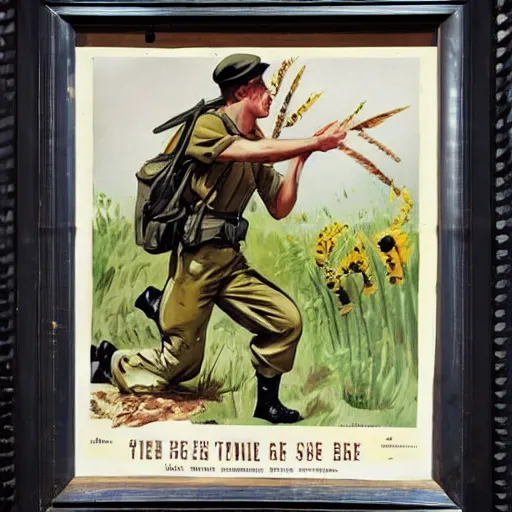 Image similar to a sleeping soldier is stung by a bumblebee, ww 2 allied propaganda poster, no text, highly detailed