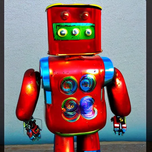 Prompt: japanese tin toy robot, 1 9 6 0, metal, windup, colorful, photograph, brightly painted, highly detailed