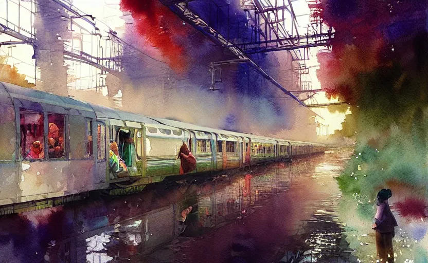 Image similar to an urban train rides inside of a waterway on a fantasy city. intricate, amazing composition, colorful watercolor, by ruan jia, by maxfield parrish, by marc simonetti, by hikari shimoda, by robert hubert, by zhang kechun, illustration, gloomy