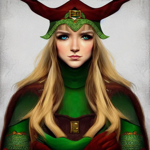 Image similar to portrait, 30 years old women :: fantasy elf :: amber eyes, long straight darkblond hair :: attractive, symmetric face :: green and brown medieval cloting, natural materials :: high detail, digital art, RPG, concept art, illustration