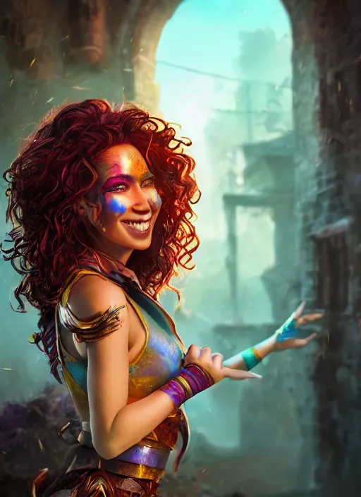 Image similar to an epic fantasy comic book style portrait painting of a girl wearing colorful makeup with a smile and curly brown hair stepping out of a doorway with light shining behind her, unreal 5, daz, hyperrealistic, octane render, cosplay, rpg portrait, dynamic lighting