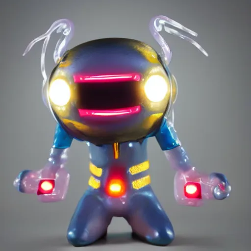 Prompt: a highly detailed vinyl figure with lighting bolts coming out of its eyes it is pointing to the right, RGB smile, square nose, electric eyes, sparking eyes, realistic lighting, realistic reflections, surprise, shocking