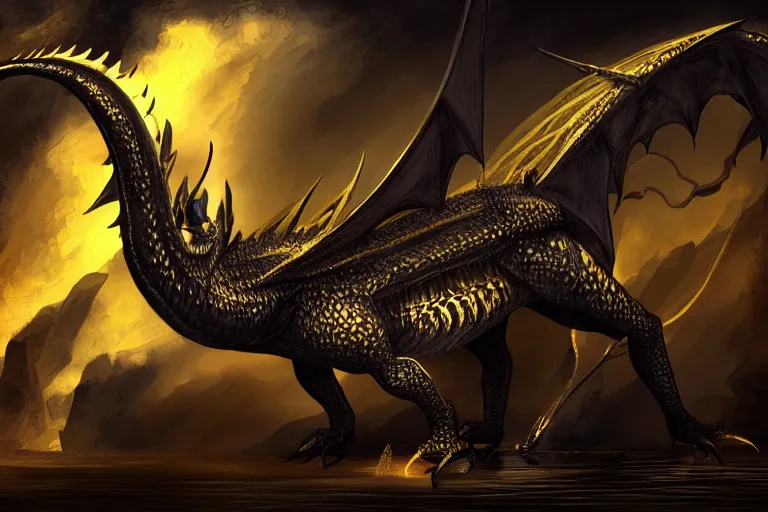 Prompt: ! dream full body digital illustration of an adult dragon of black and gold by randy vargas, bituminous design studio lighting, concept art, matte background, deviantart, artstation