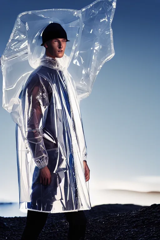 Image similar to an ultra high definition professional high fashion portrait studio full length photograph of a male model wearing a transparent pearlescent raincoat and neon visor planking in an icelandic black rock environment at dawn. no artefacts. extremely detailed. stark. refraction. shallow depth of field. volumetric light and shadow. ray tracing. light rays.