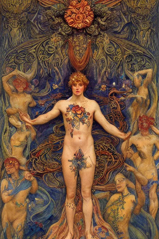 Image similar to coronation of the flower prince, by Annie Swynnerton and jean delville, embroidered brocade, tattoos, elaborate costume, geometric ornament, symbolist, rich colors, dramatic lighting, smooth, sharp focus, extremely detailed