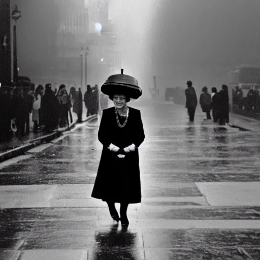 Image similar to 35mm Photograph of Queen Elizabeth II stepping out of the Tardis on a dark rainy London street