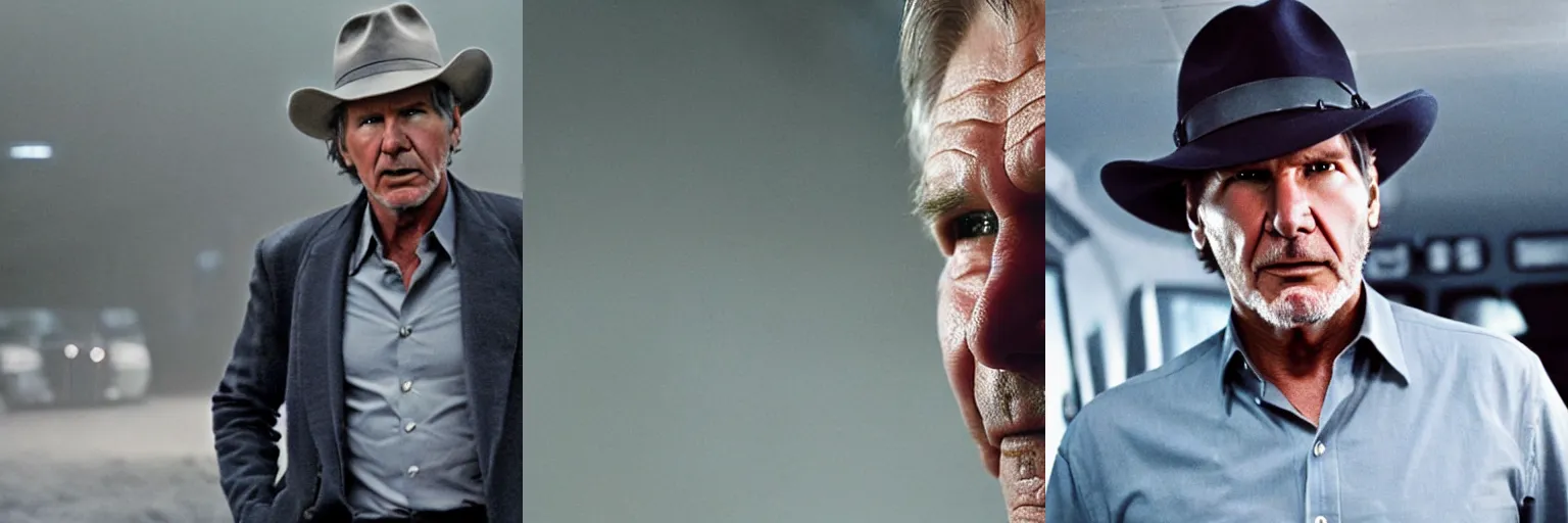 Prompt: close-up of Harrison Ford as a detective in a movie directed by Christopher Nolan, movie still frame, promotional image, imax 70 mm footage