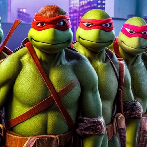 Prompt: Super realistic image of the Teenage Mutant Ninja Turtles 4k detail