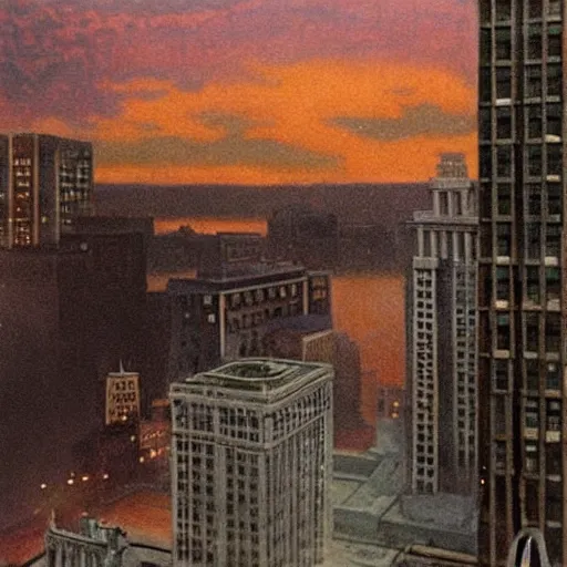 Prompt: muted color ultra realistic painting of a balcony view of 1 9 2 5 boston downtown at night, the sky is distorted and broken like a smashed mirror, and the foreground looks like it is underwater, dark, brooding, night, atmospheric, ultra - realistic, smooth, highly detailed in the style of clyde caldwell