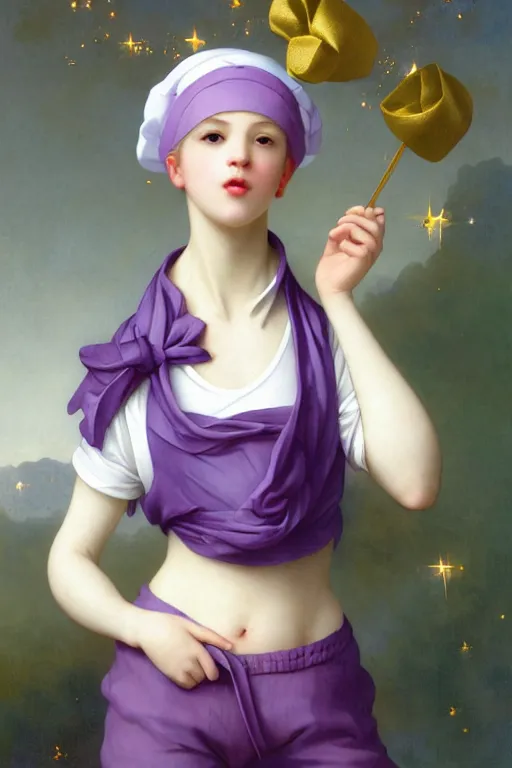 Image similar to Full View girl with short blond hair wearing an oversized purple Beret, Baggy Purple overall shorts, Short Puffy pants made of silk, silk shoes, a big billowy scarf, Golden Ribbon, and white leggings Covered in stars. Short Hair. masterpiece 4k digital illustration by Ruan Jia and Mandy Jurgens and Artgerm and william-adolphe bouguereau, award winning, Artstation, art nouveau aesthetic, Alphonse Mucha background, intricate details, realistic, panoramic view, Hyperdetailed, 8k resolution, intricate art nouveau