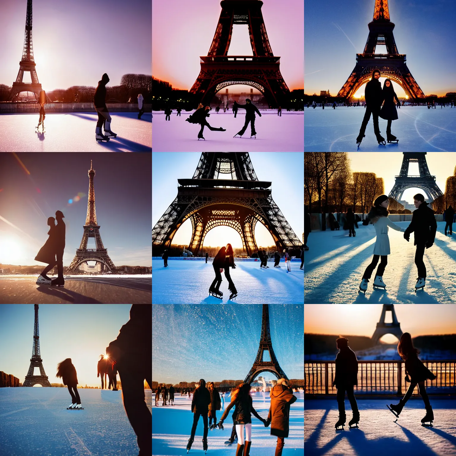 Prompt: extreme long shot, landscape, man and woman with long brown hair ice skating in front of eiffel tower, soft lighting, soft aesthetic, cool pallet, soft focus, lens flare