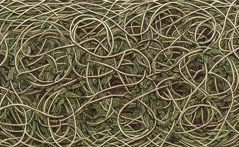 Image similar to a network of thick vines intertwined in the shape of a Celtic knot, central composition, in the style of Peter gric and Hannah yata 8k