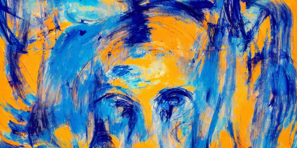 Image similar to chaotic expressionism painting of a face, blue color palette