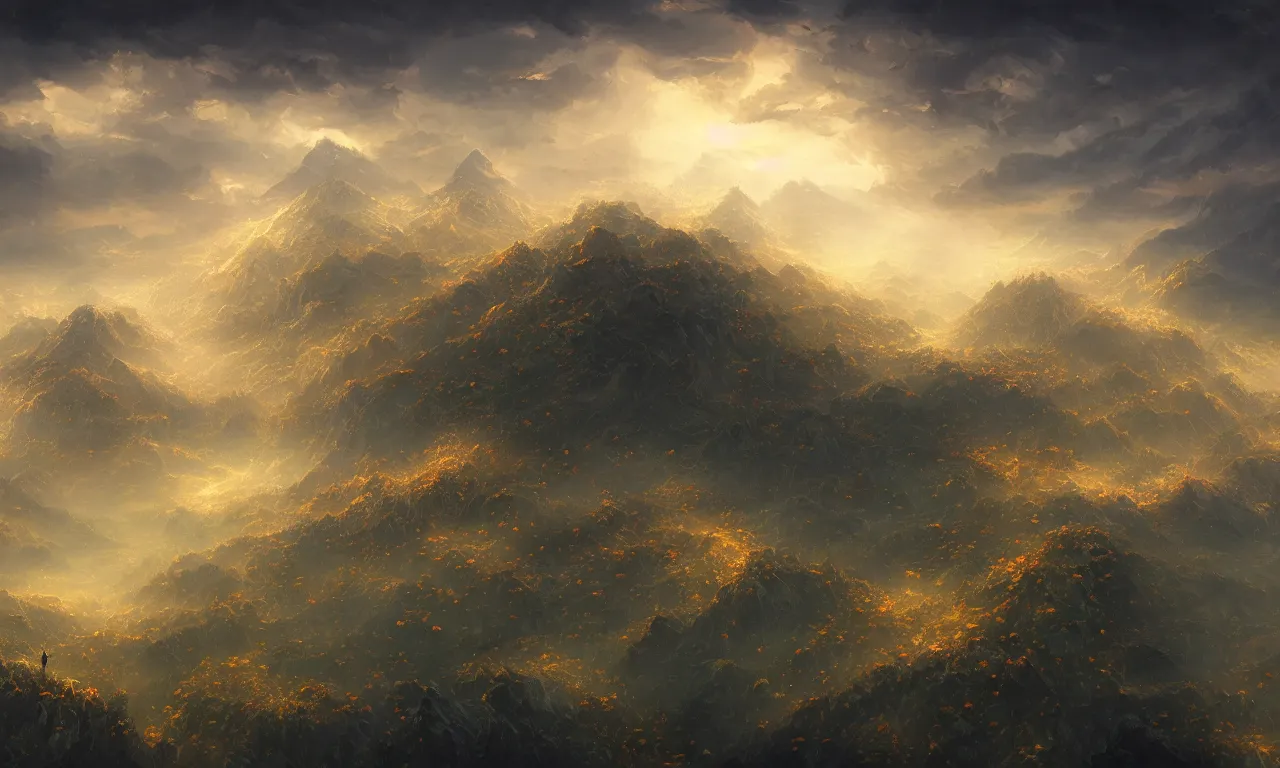 Image similar to breathtaking digital painting of an aerial landscape in luxurious nature, mountains rockas at dawn with roses and golden petals flying, with intricate art nouveau moody dark tumultuous clouds, by anato finnstark and johannes voss, concept art, matte, 8 k,