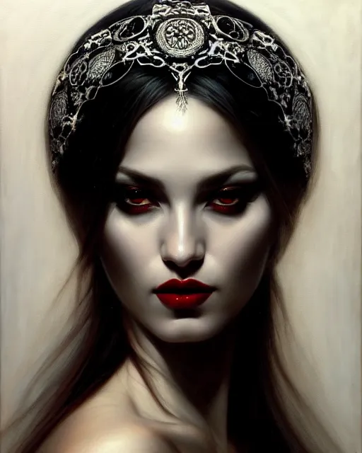 Image similar to portrait of a beautiful goddess, enigmatic beauty, dominant shades of black, silver, dark red, white, head in focus, fantasy art, ornamental aesthetics, intricate, elegant, highly detailed, hyperrealistic, artstation, concept art, soft illumination, painterly, sharp focus, by karol bak