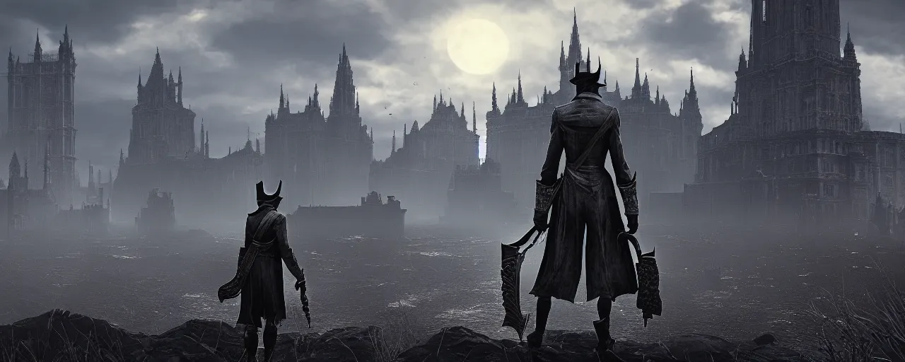 Image similar to a vast landscape with lots of unique landmarks, this is truly a beautiful view, screenshot from bloodborne