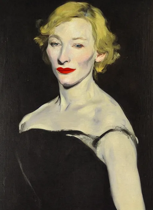 Image similar to An antique oil painting of cate blanchett by Manet, super detailed, photorealism, hd