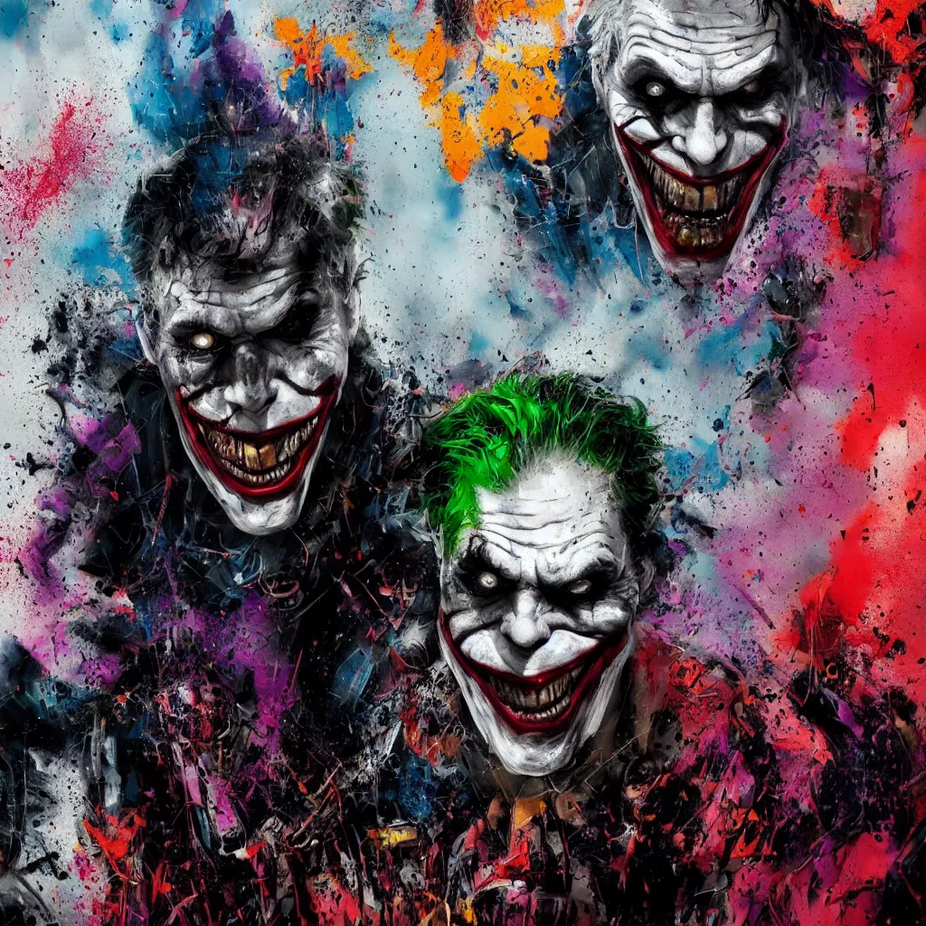 Prompt: abstract portrait of the joker 2 0 1 9 in gears of war, city in background, beautiful abstract the joker 2 0 1 9, rule of thirds, face symmetry, colorful spray paint splash, expressive, abstract art, by greg rutkowski, jeremy mann, francoise nielly, 4 k, 8 k, correct body proportions, cinematic style, female shape shading