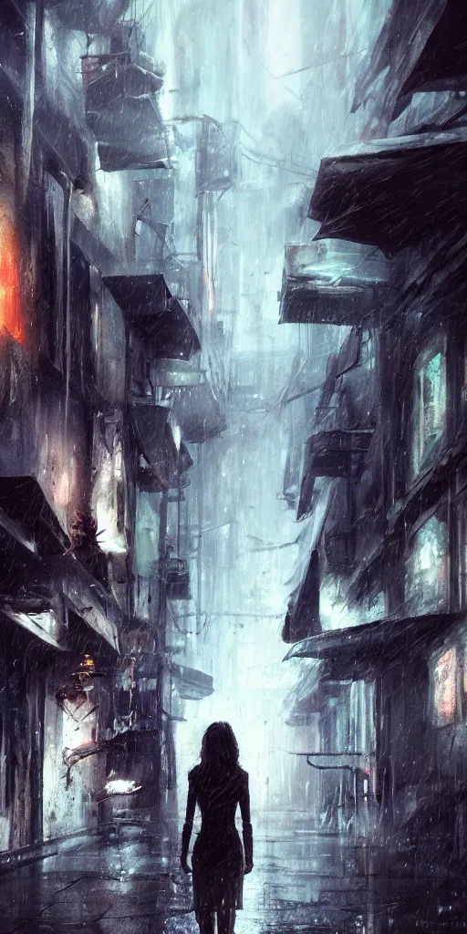 Image similar to a concept art landscape of a woman in the foreground, back to camera, standing in a claustrophobic alley of seedy futuristic city, standing in the rain with an umbrella, wet, emphasis on tall buildings, dirty, low angle