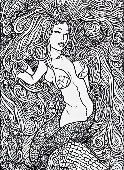 Image similar to an adult coloring page of mermaids, highly detailed