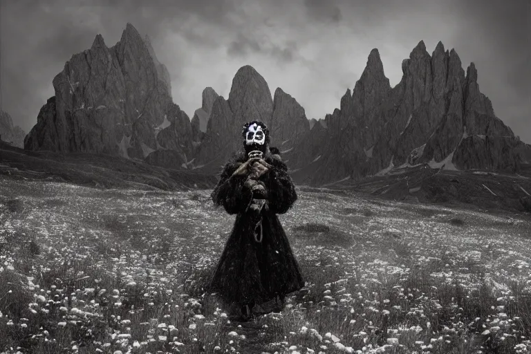 Image similar to portrait of a tyrolean folklore mask, in the alpine forest, dark, eerie , wearing hay coat, with horns, eerie, flowers growing out of his body, dolomites in the background, detailed intricate insanely detailed octane render, 8k, artistic 1920s photography, vintage photo, black and white, photorealistic, chiaroscuro, by David Cronenberg, Raphael, Caravaggio