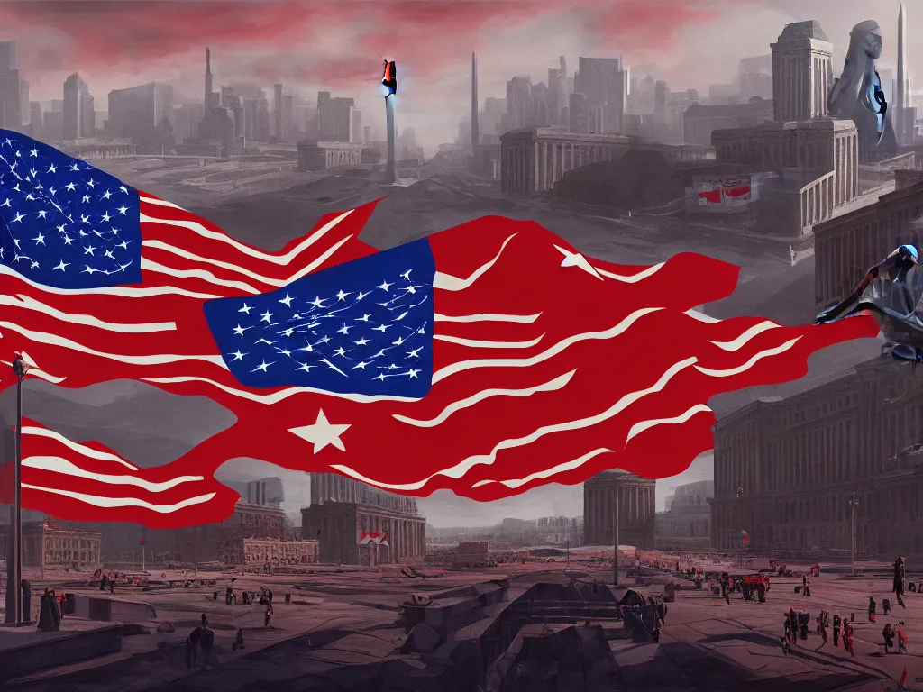 Prompt: landscape matte painting of a communist american state capital showing the triumph of communism in america, socialist american state flags, socialist statues, digital painting, modern city scape, conflict, camaraderie, sacrifice, hope, highly detailed, 4 k, artstation, photorealistic, architecture, america 2 0 9 8 by fan wennan