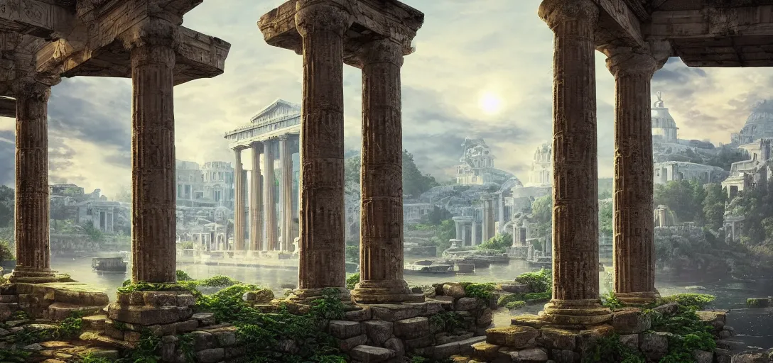 Prompt: beautiful view of an ancient floating sky city, greek pillars, temples, overgrown, birds, droplets, symmetry, dramatic lighting, ultra detailed, sharp, ambient occlusion, bloom, raytracing, vibrant, vivid colors, picturesque, by dylan cole and jordan grimmer